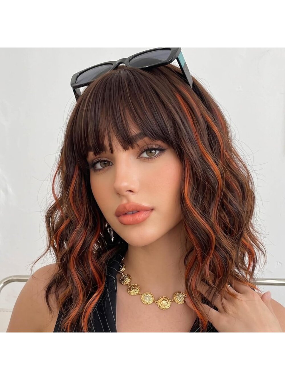 Woman's Ginger and Brown Curly Bob Wig with Bangs Short Wavy Synthetic Hair Wig